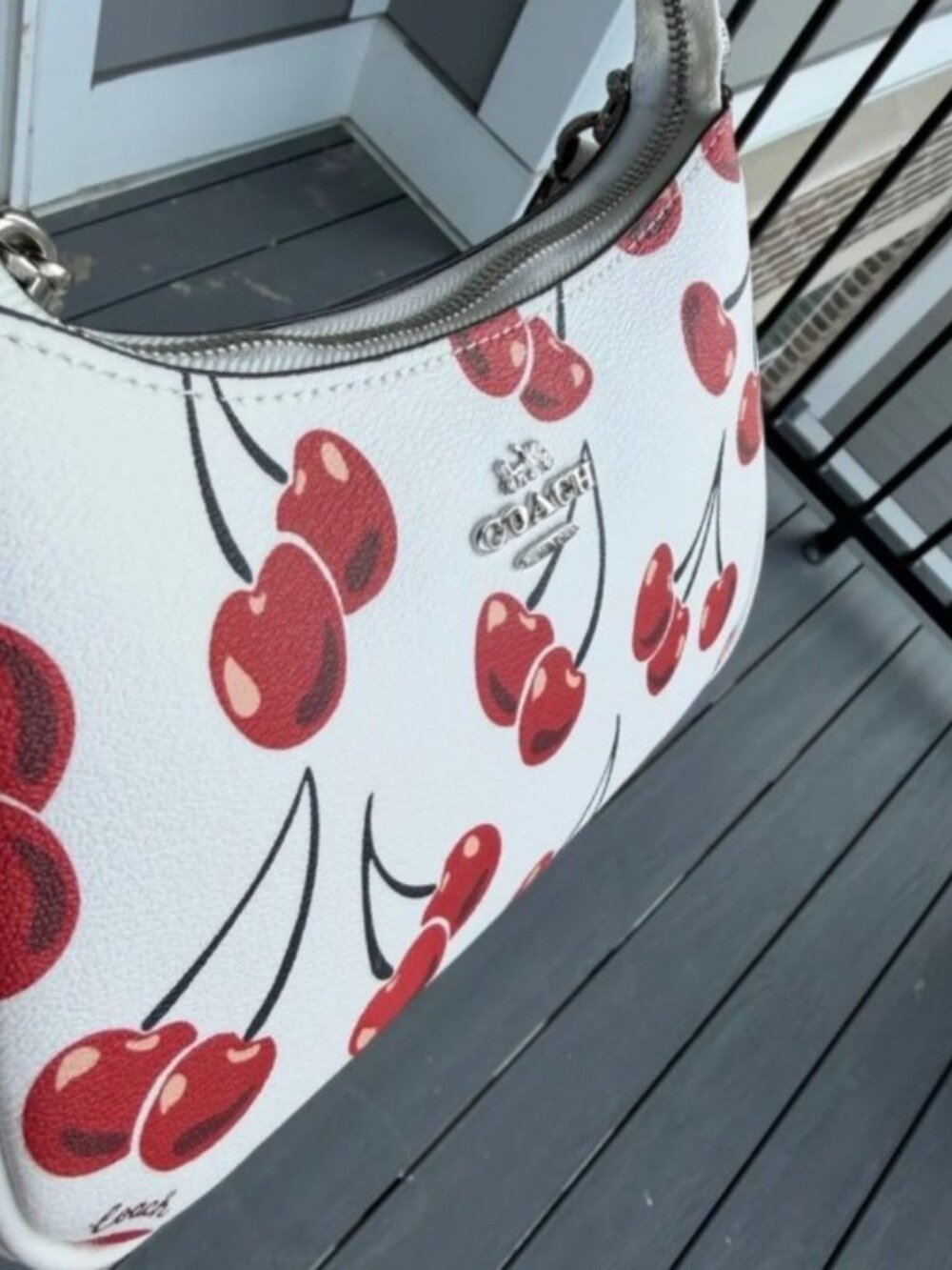 New Coach White Leather Shoulder Bag with Red Cherry Print - Picture 3 of 5